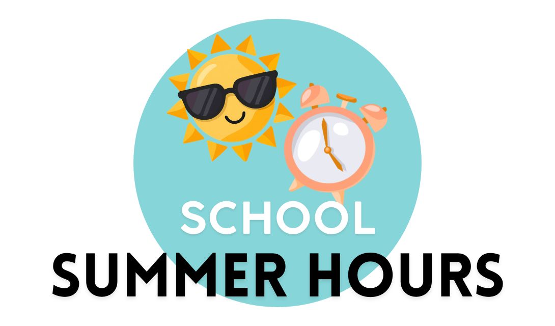 Decorative Image for School summer hours with sunshine and clock